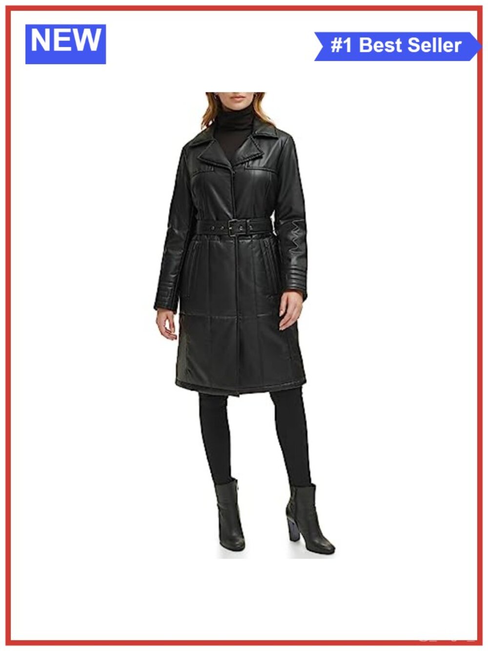Faux Leather Belted Notch Collar Trench Coat Long Sleeve
